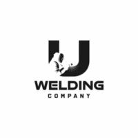 Letter U welding logo, welder silhouette working with weld helmet in simple and modern design style art vector