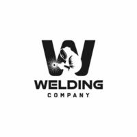 Letter W welding logo, welder silhouette working with weld helmet in simple and modern design style art vector
