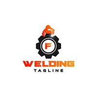 Letter F welding logo, welder silhouette working with weld helmet in simple and modern design style art vector