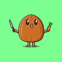 Cute cartoon Almond nut holding knife and carrot vector