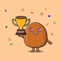 Cute Cartoon of Almond nut holding golden trophy vector