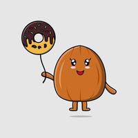 Linda nuez de almendra de dibujos animados flotando con donuts vector