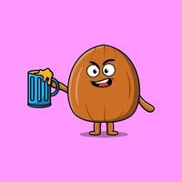 Almond nut cartoon mascot with beer glass vector