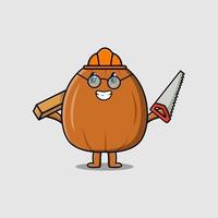 cartoon Almond nut carpenter with saw and wood vector