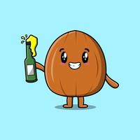 Cute cartoon character Almond nut with soda bottle vector