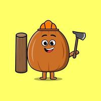 Cute cartoon Almond nut carpenter with ax and wood vector