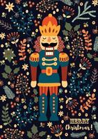 Nutcracker and winter floral. Cute Christmas vector card.