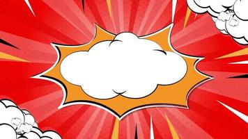 Comic pop art background Cartoon sunburst pattern Blue, Stripes sunburst rotating motion with clouds. Radial lines rotates on a halftone pattern. Retro backdrop for comics superhero text. 4k Animation video
