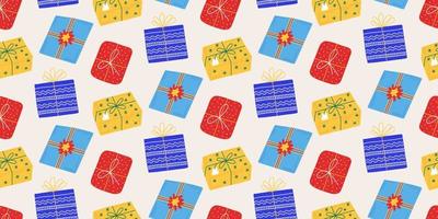 Christmas New Year pattern with gifts in hand drawn. Seamless for textiles, packaging, backgrounds, postcards. vector