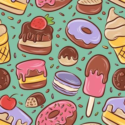 Dessert Food Colorful Hand Drawn Seamless Pattern