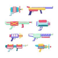 Vector blasters collection. Colorful toy gun set. Futuristic weapon design. Space game gun icons on white background
