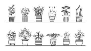 plantas lineales vectoriales en la colección de macetas. esquema aislado de flores caseras en macetas para colorear página en blanco vector