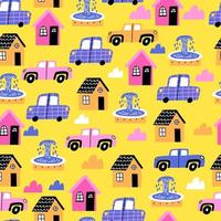 pattern with houses, fountains and cars. children's design of fabric, paper, etc. vector illustration.