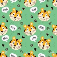 Seamless pattern with a cute tiger, a tiger cub's muzzle, a symbol of the new year 2022 on a green background. Vector illustration for postcards, banners, internet, decor, design, art, calendar.