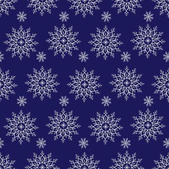 Vector pattern with snowflakes on a blue background. Seamless pattern for New Year and Christmas. Suitable for background and wrapping paper, fabric in winter version. Vintage decorative elements.
