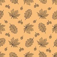 Seamless pattern with oak and maple leaves and acorns. Leaves with a beautiful ornament. Vector isolated background . Texture for textiles or wrapping paper, wallpaper, autumn pattern.