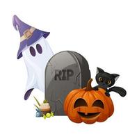 Tombstone with text RIP and cute ghost. Black cat behind a Halloween pumpkin. A cupcake with candies. Cartoon vector illustration for holiday