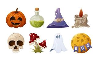 Set of Halloween elements. Burning candle, skull, pumpkin with face, potion in glass flask, fly agaric, sorcery hat, ghost, full moon with garland from flags, text boo. Cartoon vector illustration