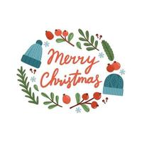 Merry Christmas phrase with wreath lettering isolated vector illustration
