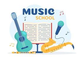 plantilla de escuela de música en ilustración plana de dibujos animados dibujados a mano tocando varios instrumentos musicales, aprendiendo músicos y cantantes de educación vector