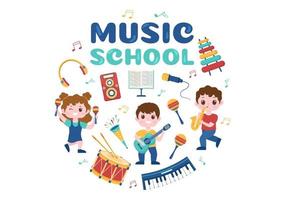 plantilla de escuela de música en ilustración plana de dibujos animados dibujados a mano tocando varios instrumentos musicales, aprendiendo músicos y cantantes de educación vector