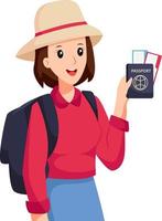 chica joven que viaja con la ilustración de diseño de personajes de pasaporte vector