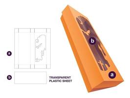 Cardboard long packaging with Halloween window and transparent plastic sheet die cut template and 3D mockup vector