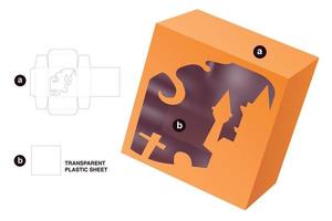 Box with stenciled Halloween window die cut template and 3D mockup vector