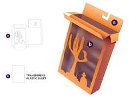 Box with Halloween window and hang hole die cut template and 3D mockup vector