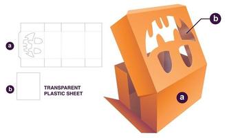 Cardboard folding box with Halloween window and transparent plastic sheet die cut template and 3D mockup vector