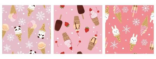 Set of seamless patterns with ice cream. Vector graphics.