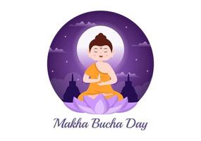 feliz makha bucha día plantilla dibujado a mano dibujos animados ilustración plana buda sentado en flor de loto bajo el árbol bodhi en la noche rodeado de monje vector