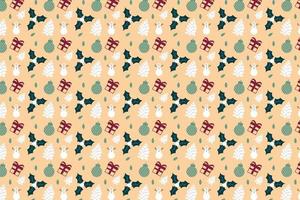 Abstract Xmas pattern decoration on a light yellow color background. Minimal Christmas pattern vector with snowman, pine tree, and gift icons. Christmas pattern design for backgrounds and book covers.