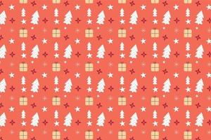 Minimal Christmas pattern vector with pine tree and gift icons. Seamless Xmas pattern decoration on a orange background. Christmas pattern design for wrapping papers, backgrounds, and gift cards.