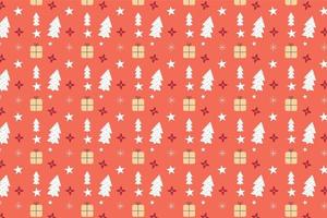 Minimal Christmas pattern vector with pine tree and gift icons. Seamless Xmas pattern decoration on a orange background. Christmas pattern design for wrapping papers, backgrounds, and gift cards.