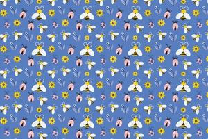 Beautiful floral pattern decoration on a blue background. Abstract insects pattern design with bees and ladybugs. Seamless pattern element vector for gift cards, clothing, wallpapers, and backgrounds.