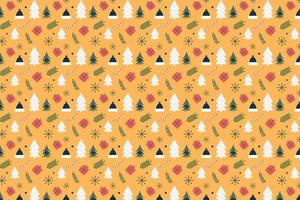 Beautiful Christmas pattern decoration with pine tree and gift icons on a yellow background. Seamless Xmas pattern elements for the event. Minimal Christmas pattern vector for wallpapers and gift card