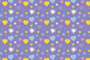 Abstract love pattern vector on a purple background. Valentines day love pattern decoration with different heart shapes. Seamless love pattern element for book covers, backgrounds, and gift cards.