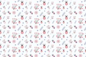 Beautiful tropical insects pattern design on a white background. Ladybug pattern decoration with leaves and flower icons. Endless insect pattern vector for book covers, backgrounds, and gift cards.