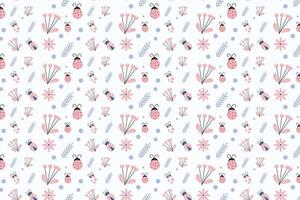 Beautiful tropical insects pattern design on a white background. Ladybug pattern decoration with leaves and flower icons. Endless insect pattern vector for book covers, backgrounds, and gift cards.