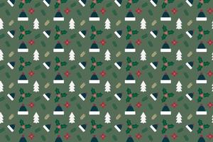Christmas background pattern decoration with pine leaves and winter hats. Xmas seamless pattern vector on a green background. Christmas pattern element design for wrapping papers, and book covers.