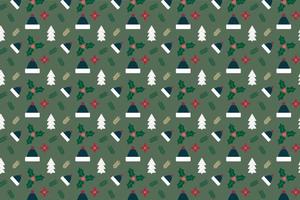 Christmas background pattern decoration with pine leaves and winter hats. Xmas seamless pattern vector on a green background. Christmas pattern element design for wrapping papers, and book covers.