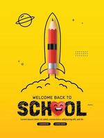 Red Pencil rocket launching to space on yellow background. Back to school concept for invitation poster and banner, Online learning and Web page template vector