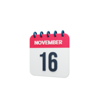 icono de calendario realista de noviembre fecha renderizada 3d 16 de noviembre png