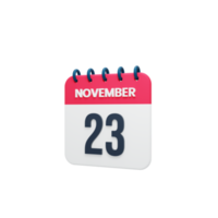 ícone de calendário realista de novembro 3d renderizado data 23 de novembro png