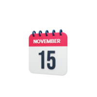 ícone de calendário realista de novembro 3d renderizado data 15 de novembro png