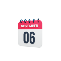 ícone de calendário realista de novembro 3d renderizado data 06 de novembro png