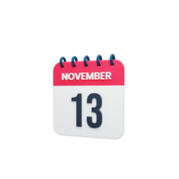 novembro ícone de calendário realista 3d renderizado data 13 de novembro png