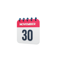 novembro ícone de calendário realista 3d renderizado data 30 de novembro png