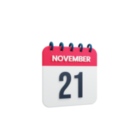 icono de calendario realista de noviembre fecha renderizada 3d 21 de noviembre png